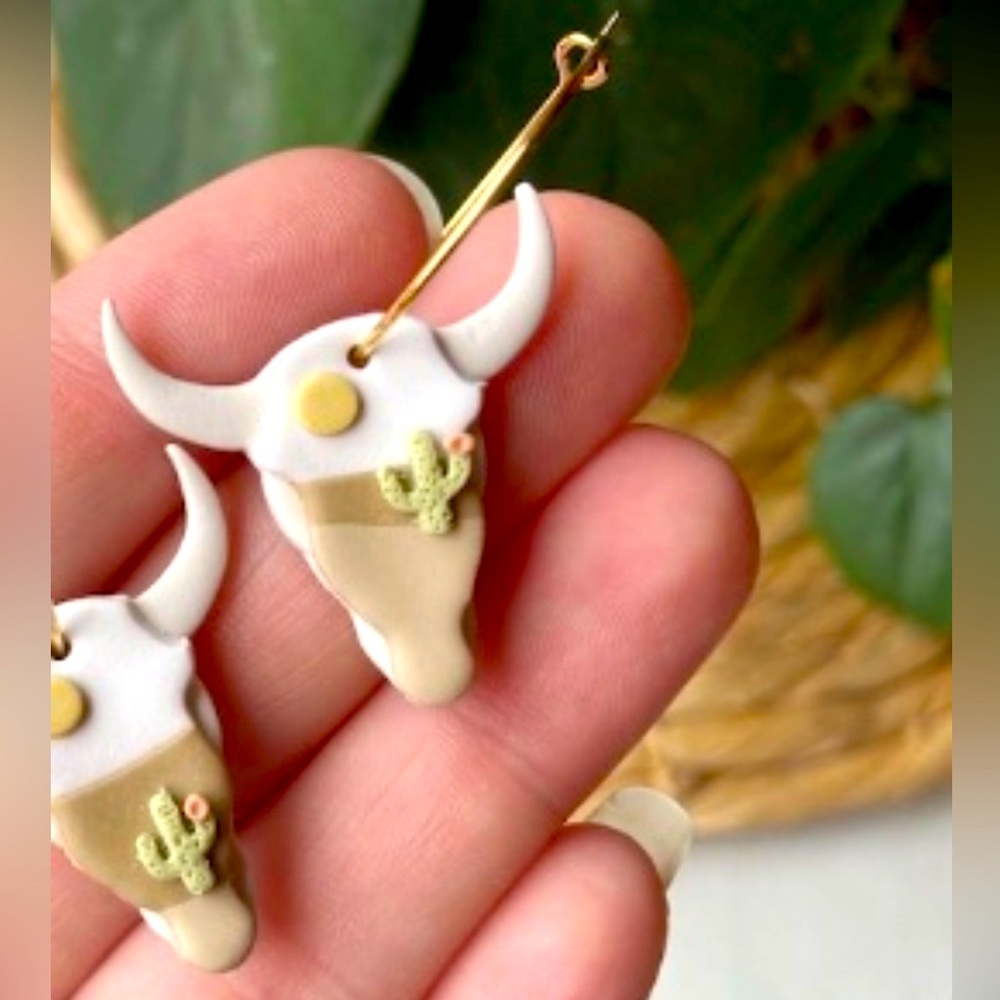 Desert Bull Skull Hoop Earrings, Boho Handmade Clay Earring NEW